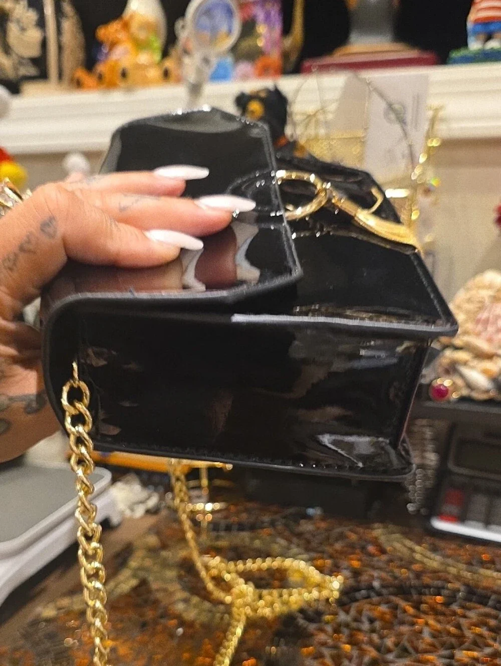 Jimmy Choo Black Patent Leather Crossbody with Gold Ring Tassel